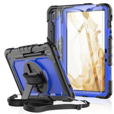 Imagem de BASE MALL Capa para tablet Samsung Galaxy Tab S8/S7 11 polegadas 5G 2022/2020 [com protetor de tela de vidro temperado], suporte giratório de 360°/alça de mão e ombro/suporte para caneta S (azul)