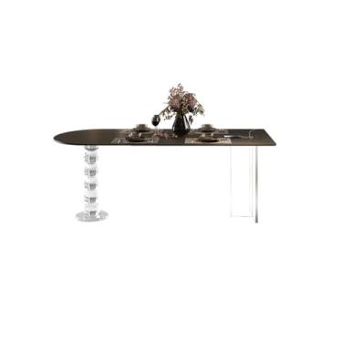 Imagem de Mesa de jantar nórdica retrô pura ardósia preta mesa de jantar multifuncional casa pequeno apartamento arco ardósia mesa de jantar moderna mesa de cozinha