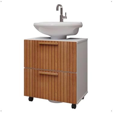 Imagem de Gabinete Coluna para Pia de Banheiro – Estilo Retrô com Prateleira Organizadora, Armário Vertical para Higiene e Cosméticos Doméstico (BRANCO/RIPADO)