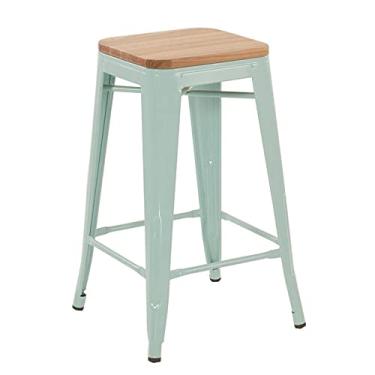 Imagem de Loft7, Banqueta Iron Tolix com assento de madeira rústica clara - 66 cm - Verde claro