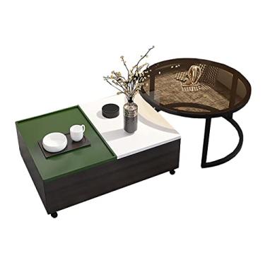 Imagem de U5GAAALPPQ9 Mesa de centro móvel com design de mesa de lazer, mobília de madeira para sala de estar com espaço de armazenamento, conjunto de costura colorida B (costura branca e verde)