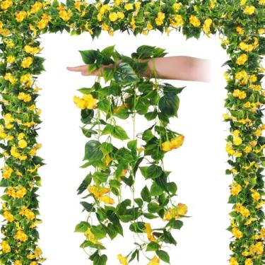 Imagem de Hotop 6 peças de videiras artificiais de seda da manhã de 19 m para ambientes externos, flores falsas, plantas de seda sintética, guirlanda de flores de glória da manhã, trepadeiras longas para