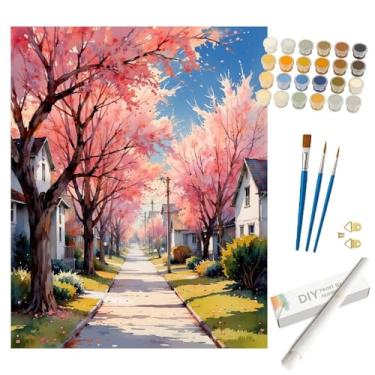 Imagem de Kit de pintura de paisagem de primavera por números para adultos - Pintura de cena de rua em flor de cerejeira faça você mesmo em tela enrolada 40,6 x 50,8 cm, conjunto de tinta acrílica para
