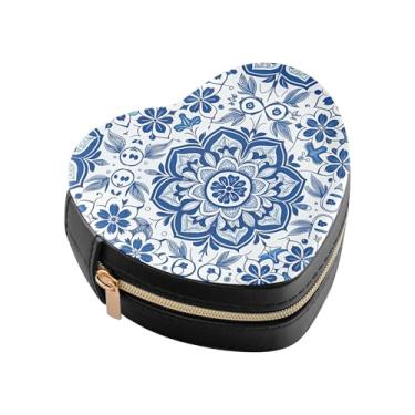 Imagem de Burbuja Caixa de joias em formato de coração com textura portuguesa, mini estojo de viagem para mulheres e meninas, organizador portátil de armazenamento para brincos, anéis, colares e pulseiras