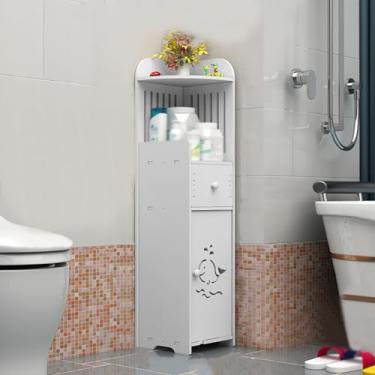 Imagem de Armário de armazenamento de banheiro pequeno, organizadores de banheiro estreitos com porta e prateleira aberta, placa de plástico de madeira, à prova de umidade, para banheiro banheiro espaços