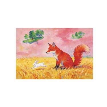Imagem de Impressão em tela de arte de parede animal - Raposa no campo de trigo - Pintura de decoração moderna - Imagens para quarto de crianças escritório 50 x 75 cm 20 x 30 polegadas sem moldura