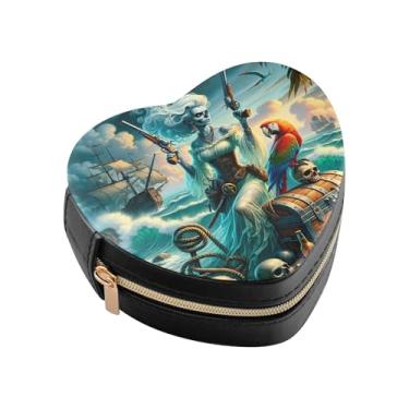 Imagem de Burbuja Caixa de joias em formato de coração de papagaio pirata fantasia mini estojo de joias de viagem para mulheres e meninas, estojo portátil organizador de armazenamento para brincos, anéis