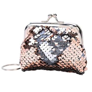 Imagem de Bolsa feminina de 7,6 cm com lantejoulas, porta-moedas, com chaveiro, brilhante, mini bolsa de troca de moedas, carteira de lantejoulas, Rosa claro + prata, Carteira feminina