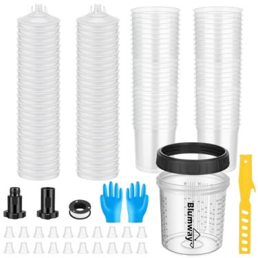 Imagem de BlumWay Pacote com 50 copos descartáveis para pistola de tinta, sistema de pintura para pistola de tinta spray LVLP e HVLP, kit de 600 ml - 50 copos e tampas, 20 plugues, 1 copo rígido com anel