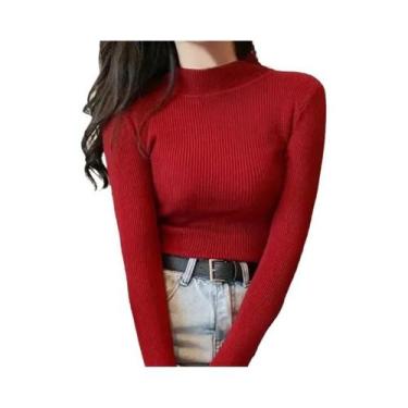 Imagem de Suéter Feminino De Gola Alta Slim Fit Para Outono/Inverno, Tricô Vinta