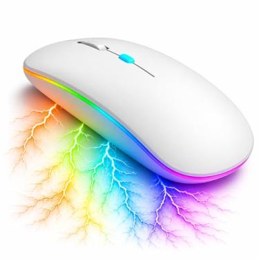 Imagem de Mouse Sem Fio RGB Recarregável – Silencioso, Ergonômico, Dual Mode Bluetooth 5.0 + USB 2.4GHz e DPI Ajustável – Branco