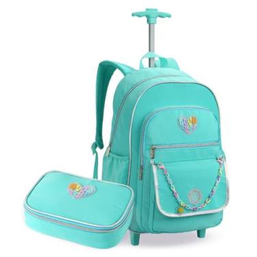 Imagem de Kit Mochila Escolar com Rodas Azul com Estojo Box Divisórias Colorido 