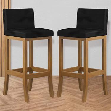 Imagem de Kit 2 Banquetas Média Encosto Estofado 38x88Cm Ilha Espanha Madeira Maciça Amêndoa Suede Preto - CCS