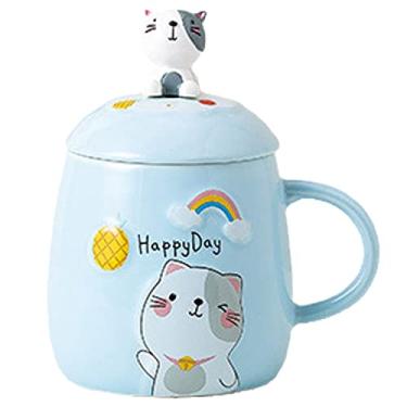 Imagem de seelucky Caneca infantil com colher gato azul copo de leite de cerâmica menina xícara de café caneca de desenho animado xícara de chá arco-íris presente de aniversário (feliz dia gato azul)