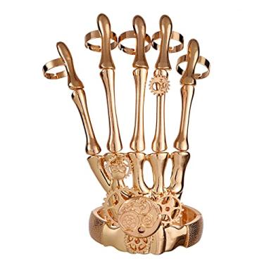 Imagem de Lux Accessories Instrumentos de caveira gótica tom dourado pulseira de esqueleto mão inteira anéis, Medium, Metal, Sem pedras preciosas