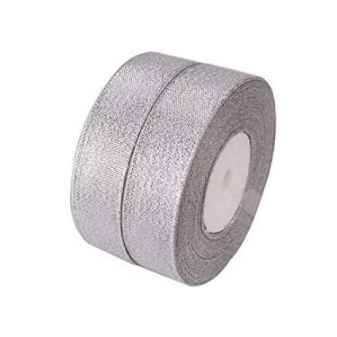 Imagem de Fitas de glitter de 2,5 cm da ATRibbons, fitas douradas brilhantes/prateadas de cor metálica para presentes de decoração de casa, festa de casamento, cartão de aniversário e artesanato faça você mesmo, 25 jardas/rolo x 2 rolos, Prata