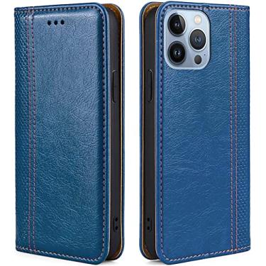 Imagem de CYSUE Capa carteira flip para iPhone 14/14 Plus/14 Pro/14 Pro Max, capa de couro durável com suporte de cartão fecho magnético TPU à prova de choque capa de telefone fólio (cor: azul, tamanho: 14ProMax)