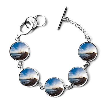 Imagem de DIYthinker Bracelete de corrente com imagem de mar de praia e pedra do oceano