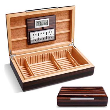 Imagem de Estojo portátil para umidificador de charutos de madeira de cedro com umidificador e higrômetro eletrônico, acessórios para charutos para 75 charutos - Ótimo presente para homens