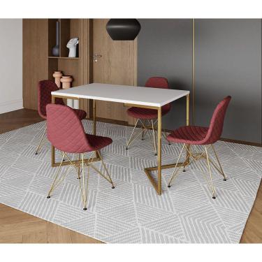 Imagem de Mesa Jantar Industrial Retangular Branca 120x75 Base V com 4 Cadeiras Estofadas Vermelha Aço Dourado