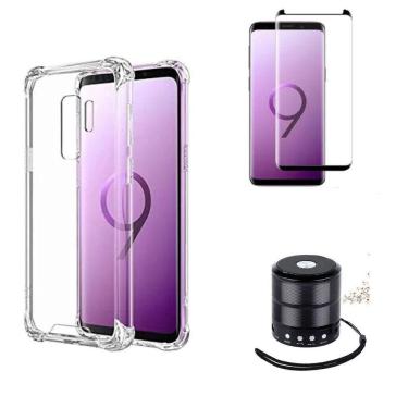 Imagem de Kit Mini Som Bluetooth Samsung S9 Plus + Capa Anti Impacto + Película Vidro 3D