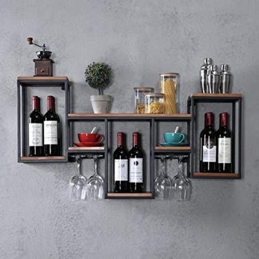 Imagem de Rack de vidro de vinho montado na parede - suporte para garrafa de vinho, expositor suspenso de ferro industrial, armário de prateleira de armazenamento decorativo de suspensão para bar/adega/cozinha,