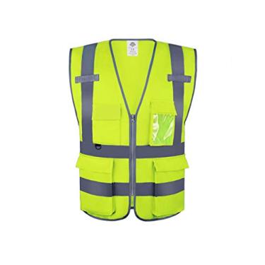 Imagem de Dazonity Colete de segurança de alta visibilidade com vários bolsos e zíper, 3GG, tiras refletivas, adequado para homens e mulheres, trabalho, construção, ciclismo, corrida, topógrafo, voluntário