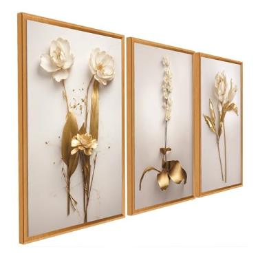 Imagem de Quadro Decorativo 3 Peças Dourado Floral Branco Ouro Gold Sala Quarto Fácil Fixação com Fita Dupla Face