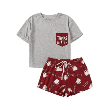 Imagem de OYOANGLE Conjunto de pijama feminino de 2 peças, conjunto de pijama de manga curta com estampa de desenhos animados e shorts, Cinza, vermelho, M