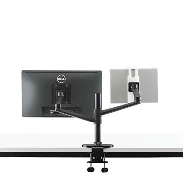 Imagem de Suporte de monitor de mesa ajustável de altura de alumínio com braço duplo de 17 a 32 polegadas + suporte para laptop de 10 a 17 polegadas OL-3TD braço de montagem em movimento completo (preto)