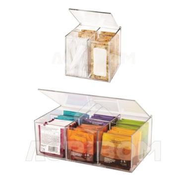 Imagem de Kit Caixa Porta Sachês de Chá C/ 6 Compartimentos + Caixa Porta Sachês de Açucar Com 4 Compartimentos e Tampa Articulada em Acrílico Cristal - Acribom