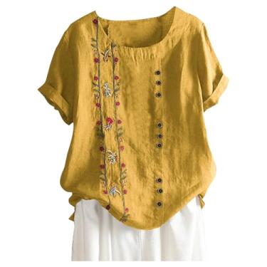 Imagem de Camisetas femininas de verão 2024 casuais de linho de algodão manga curta gola redonda camisetas estampadas florais grandes, Ofertas relâmpago amarelo, M