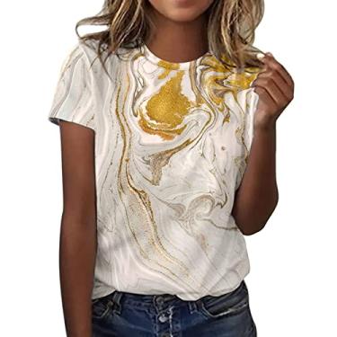 Imagem de Duobla Camisetas femininas de verão 2024 da moda, com estampas fofas, engraçadas, casuais, manga curta, engraçadas, blusas de férias, A-4-amarelo, M