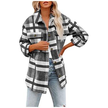 Imagem de JMMSlmax Casaco feminino xadrez de flanela moda inverno casaco trench coat lapela abotoado jaqueta casual casaco shacket, A3 - Cinza, XXG