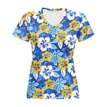 Imagem de Psaytomey Camiseta feminina casual de verão gola V blusas de manga curta plus size atlética para mulheres gráfico PP-5GG, Flor tropical azul, XXG
