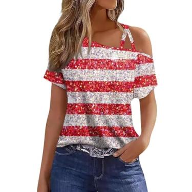 Imagem de Camisetas femininas 4th of July Patriotic American Flag Graphic Tops Sexy One Shoulder manga curta Independence Day Blusas, Vermelho, XXG