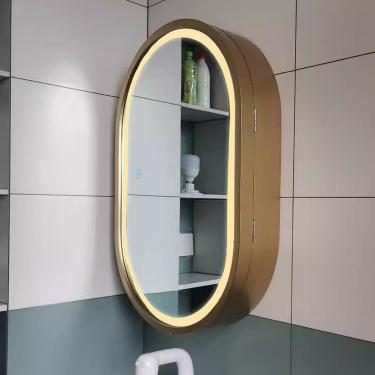 Imagem de Armário de remédios oval de 28 polegadas com luzes, armário de remédios LED com moldura de madeira com regulável em 3 cores, armário de espelho iluminado para banheiro, temperatura de cor aj