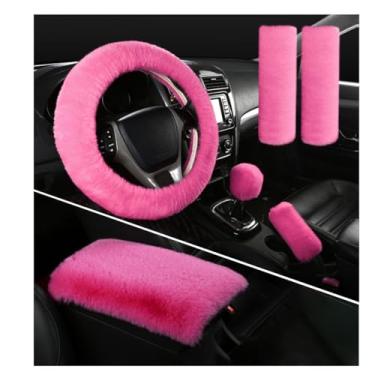 Imagem de Ohleats Conjunto de 6 capas de volante fofas, capa de roda de carro peluda de 38 cm, capa macia de câmbio de marchas e freio de mão, console central e almofadas de ombro para cinto de segurança para