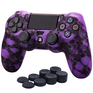Imagem de YoRHa Capa de silicone de caveira com impressão de transferência de água para Sony PS4/slim/Pro Dualshock 4 Controller x 1 (roxo) com alças de polegar Pro x 8