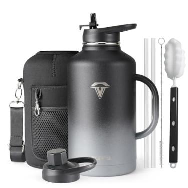 Imagem de Topre Garrafa de água isolada de 1,8 g com canudo e tampa, copo de aço inoxidável de 1,8 litro com alça, frasco de viagem de metal à prova de vazamento, copo de copo com bolsa de transporte e escova,