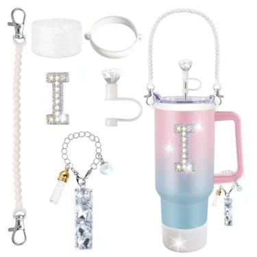 Imagem de Stanley Cup Accessories 850.5 g 1,134.0 g Glitter Silver, capa de canudo de diamante, pingente de letra, adesivo de letra, bota de silicone, suporte com alça incluído para copo Stanley