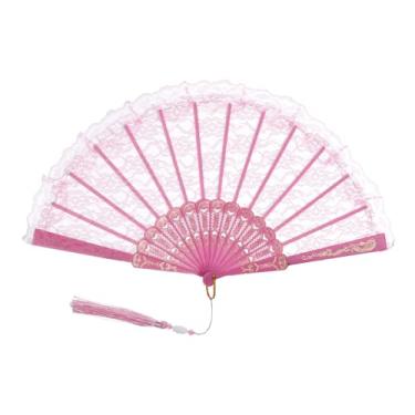 Imagem de Jmkcoz Leque dobrável portátil de renda bordado flor nupcial ventilador de mão chinês japonês vintage para fantasia dos anos 1920 casamento dança chá festa (1, rosa)