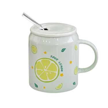 Imagem de Sizikato Caneca de porcelana com tampa e canudo, copo de água de 473 ml com alça, estampa de limão fofo
