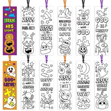 Imagem de 75 peças de Halloween colorir seus próprios marcadores de livro para crianças tema cristão DIY colorir marcador de livro em branco sala de aula arte artesanato suprimentos para professor estudante outono Halloween doces ou travessuras de festa Recompensa de lembrancinhas