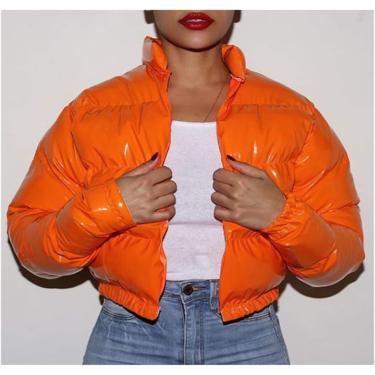 Imagem de Jaqueta ultra quente e à prova de vento Jaqueta de inverno feminina cor neon cortada jaqueta puffer parka outwear casaco bolha grosso moda streetwear, laranja brilhante, S