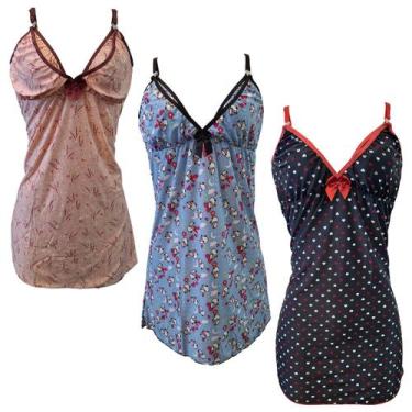 Imagem de Kit 3 Camisolas Amamentação Fecho Click Estampada Maternidade  201 - L