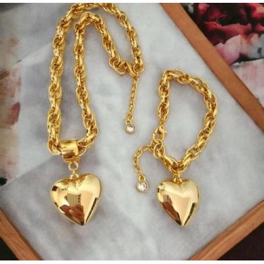 Imagem de Kit  Cordão Feminino Coração + Pulseira Banhado Envernizado 18k - Baro