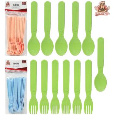 Imagem de Colher e garfinho de sobremesa de plastico colors com 12 pecas 13,5cm 