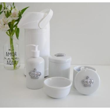 Imagem de kit Higiene Bebê Potes K021 Cotonete Prata Algodão Limpeza Porcelana M