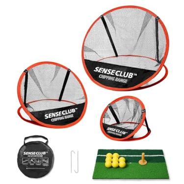 Imagem de SENSECLUB Rede de lascas de golfe, rede de lascas pop-up e tapete, rede de prática de alvo de golfe com camiseta e bolas, acessórios de jogos de golfe de quintal, presentes de golfe para jog